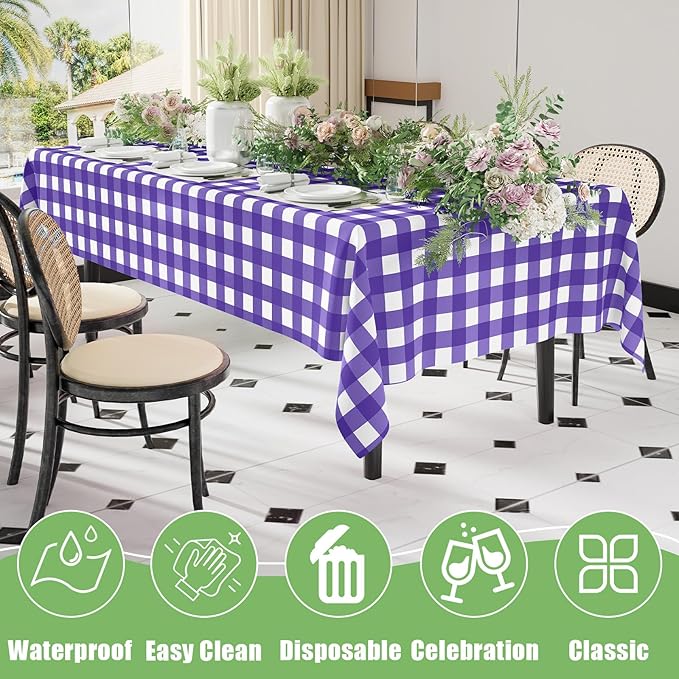 Smiry 5 Pack Purple Gingham Disposable Tablecloths - 54" x 108" Heavy Duty Plastic Table Cloth, Waterproof Buffalo Plaid Table Covers for Picnic, Banquets, Parties