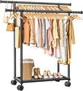 Sakugi Double Rods Clothes Rack - Metal Clothing Rack with Fixed Double Rods, Rolling Wheels & Built-In Shelf for Closet, Bedroom, Laundry Storage (39" x 17" x 60", Black)