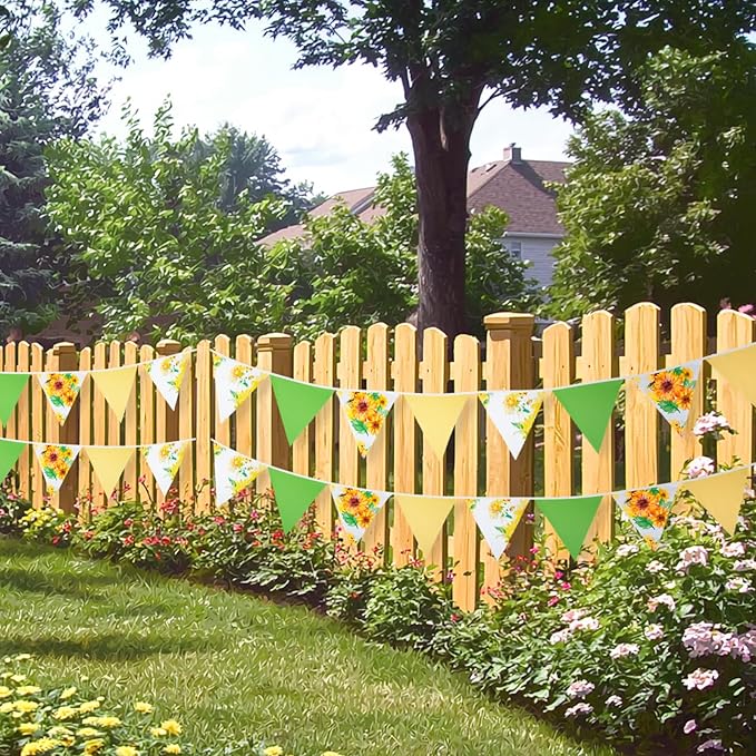G2PLUS 39Ft Triangle Bunting Banner, Yellow & Green Sunflower Garland Pennant Banner, Reusable Cotton Triangle Flags Party Decoration for Garden Party, Fall Decor & Outdoor Celebrations