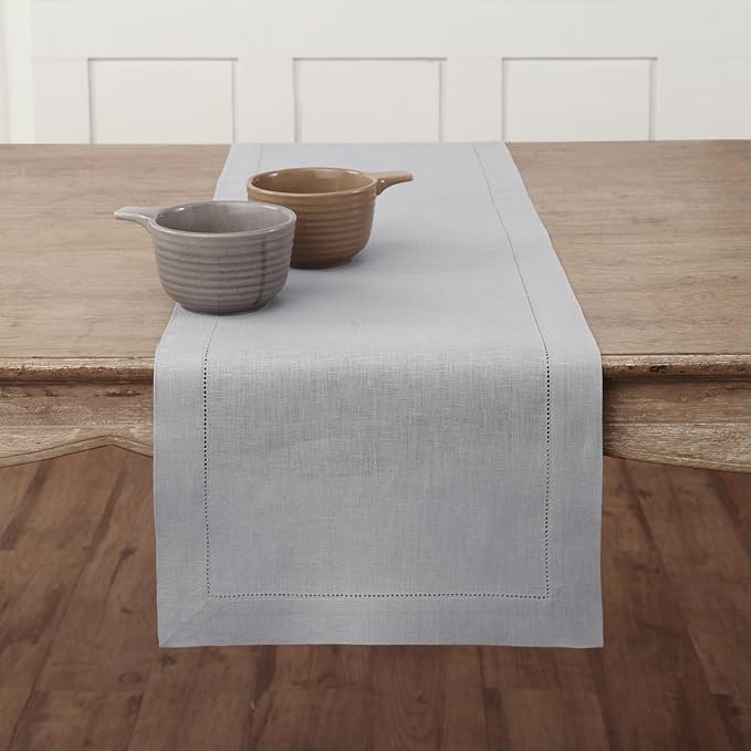 Solino Home Linen Soft Grey Table Runner 72 Inches Long - 100% Pure Linen Hemstitch Table Runner 14 x 72 Inch for Dresser, Dining, Christmas, New Year - Classic Hemstitch