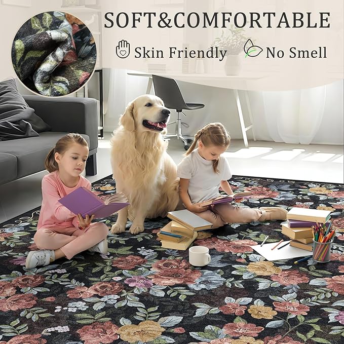 5x8 Machine Washable Area Rug for Living Room, Black Vintage Boho Floral Rug Large Non-Slip Low Pile Soft Faux Wool Carpet, Kids and Pets Friendly for Bedroom Dining Room Farmhouse Home Decor Rug