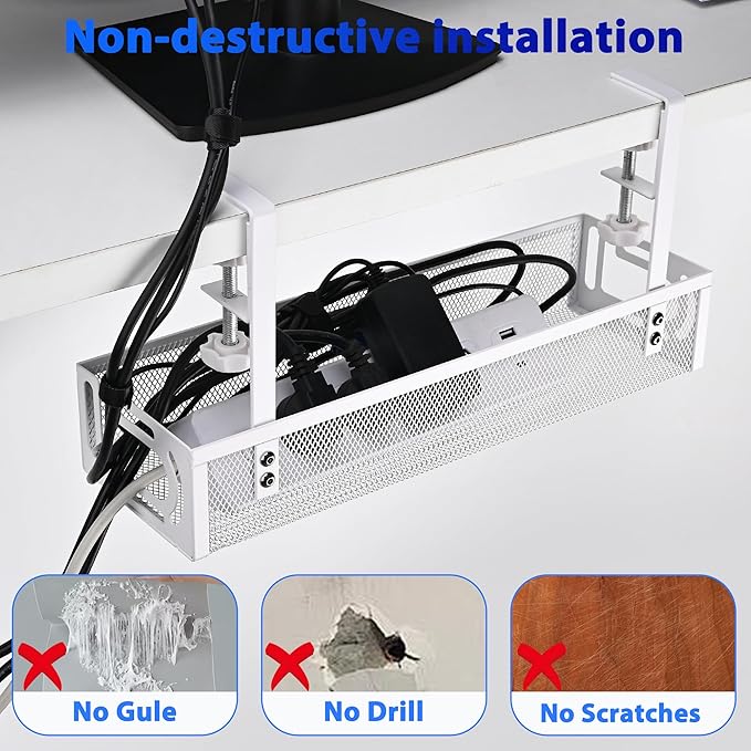 Under Desk Cable Management Tray Small – Clamp-Mounted Wire Organizer & Cord Management Under Desk Holder, No-Drill Metal Cable Tray for Home Office (White)