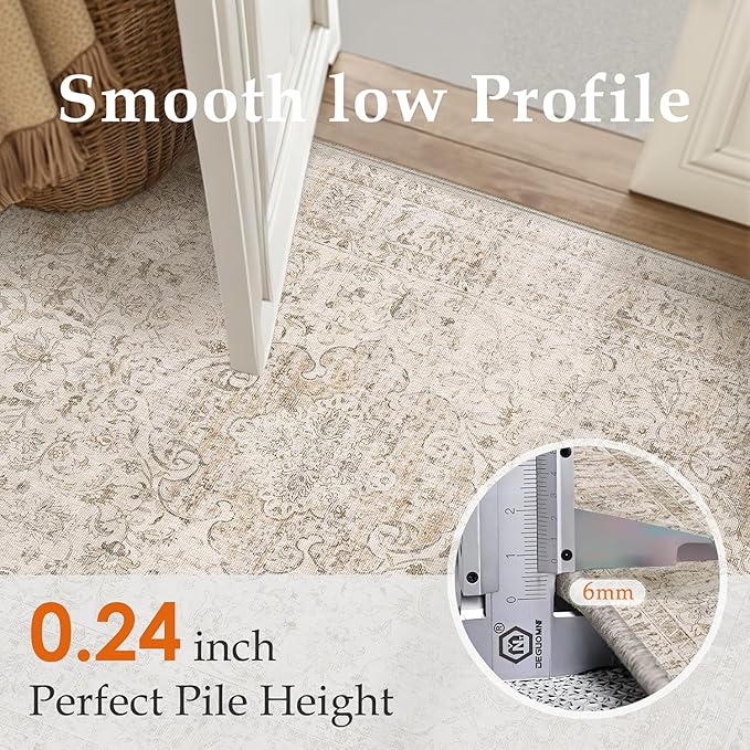 10x14 Beige Area Rug Vintage Living Room Bedroom Washable Carpet Non-Slip Soft Low Pile Distressed Indoor Large Throw Rug for Dining Room Office