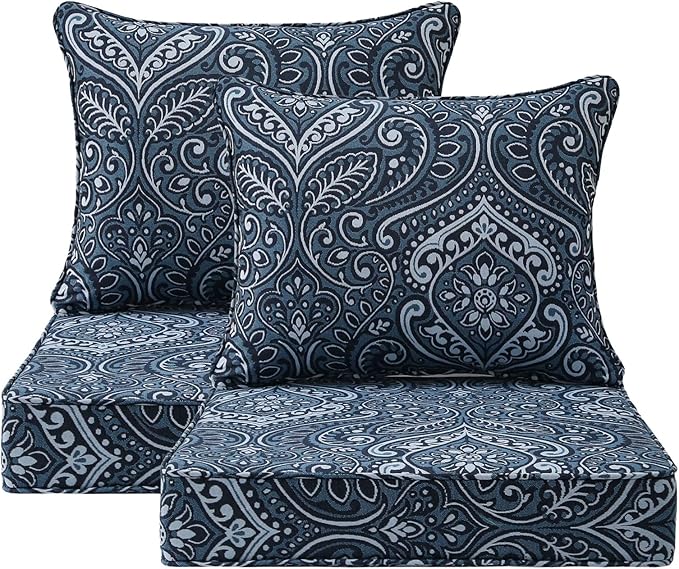 Outdoor Patio Chair Cushions Set, 24" x 24", Set of 2, Water-Repellent, Fade Resistant, Deep Seat Bottom and Back Cushion for Backyard, Couch, Sofa and Patio Furniture, Damask Blue Flower
