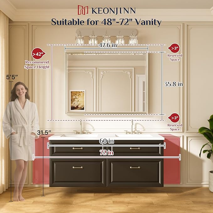 Keonjinn 48" x 36" Brushed Nickel Bathroom Vanity Mirror, Decorative Aluminum Alloy Frame, Beveled Edge Tempered Glass, Shatterproof, Large Silver Mirror for Over Sink, Living Room, Dining Room