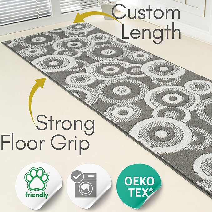 Custom Size Grey Hallway Runner Rug | Cut to Length 2'3" x 11' (Runner) | Non-Slip & Machine Washable | REMNAZ