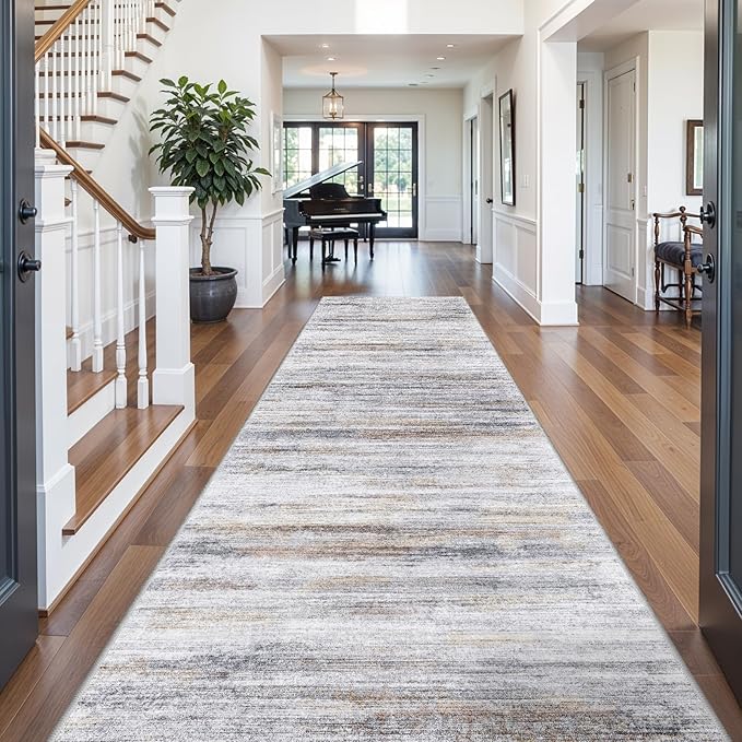 6x12 Runner Rug for Wide Hallway: Long Washable Area Rugs for Living Room Dining Room Office - Stain and Water Resistant Runners with Non-Slip Backing - Soft Low-Pile Thin Carpet Beige Grey