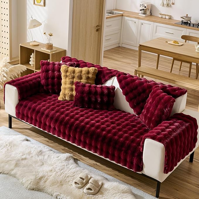 Christmas Faux Fur Couch Cover Fuzzy Soft Plush Thick Bubble Sofa Cover Luxury Sectional Couch Covers Luxury Anti-Slip Sofa Slipcover Washable Furniture Protector (Wine Red,28"x82")