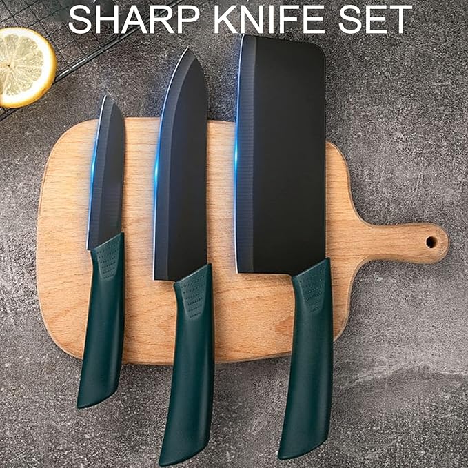 Magicorange 7-Piece Kitchen Knife Set - 5 Black Stainless Steel Knives with Sheaths, Cutting Board, and a Knife Block- Stainless Steel Kitchen Knives with PP Ergonomic Handle (Green)