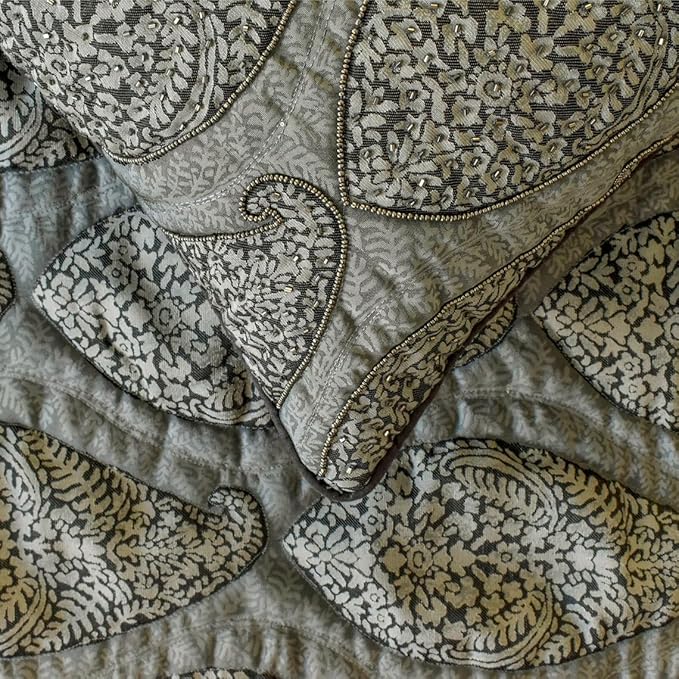 The HomeCentric King/Queen/Twin Grey Decorative Full 68"x18" Bed Runner with 2 Pillow Cover, Paisley & Beaded Bed Scarf on Jacquard Fabric - Paisley History