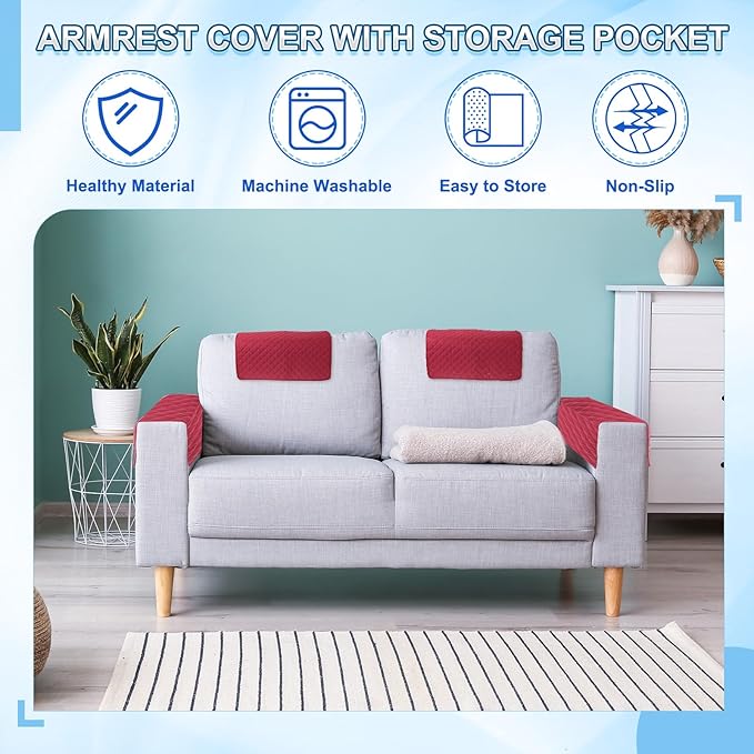 uxcell 3 PCS Armrest Covers, Couch Arm Cover Furniture Protect Slide Recliner Chair Armchair Covers with Side Storage Pocket for Sofa Recliner, Red
