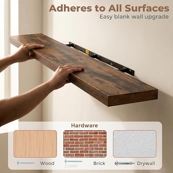 Venusmiles Floating Shelves for Wall, 55 Inch Floating Shelves Set of 2, 6.5" D Wooden Wall Mounted Display Shelves with Invisible Brackets for Living Room, Bedroom, Bathroom, Kitchen Decor, Brown