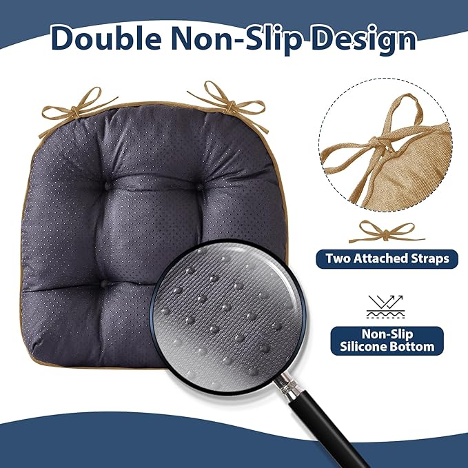 Chair Cushions for Dining Chairs, Seat Cushions for Kitchen Chairs, Indoor Seat Cushions with Ties, Tufted Foam Chair Pads, Non Slip Chair Cushions Set of 6, 15.5" x 15.5" x 4", Khaki