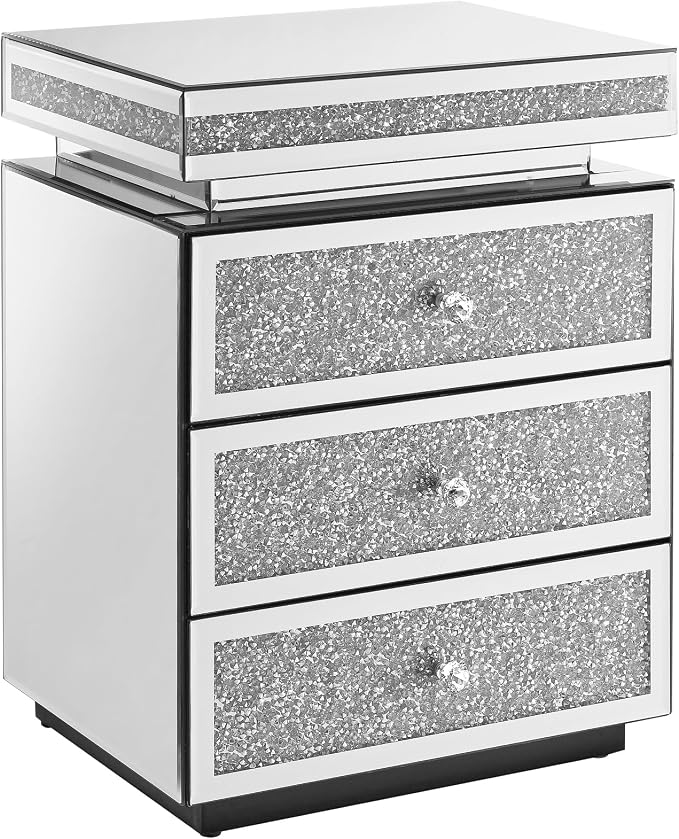 Mirrored Nightstand with 3 Drawers, Mirror End Table, Modern Bedside Table