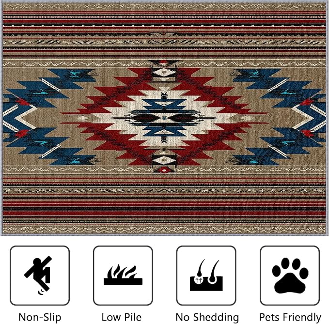 Navajo Large Area Rug 8x10 - Southwestern Tribal Ethnic Rustic Cabin Rugs for Living Room Non Slip Low Pile Machine Washable Dining Room Rug, Navajo Carpet Home Decor & Gifts