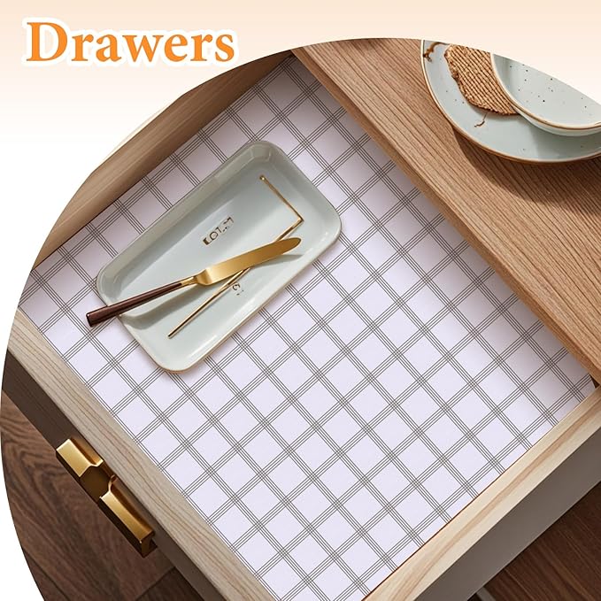 Shelf Liner for Kitchen Cabinets Non Adhesive Drawer Liner Non-Slip Thickened Shelf Liner Paper Strong Easy to Clean for Tool Box Refrigerator with Knife and Tape Measure, White Square,17.3 x 236.2 IN