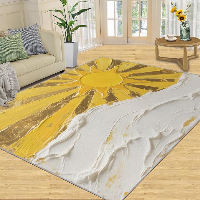 Boho Sun Area Rugs 6x9ft, Abstraction Deco Fluffie Rugs for Living Room, Minimalist Sunburst Nursery Rug with Under Rug Non Slip Tape for Bedroom Kids Room
