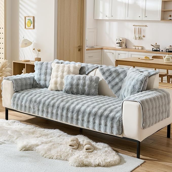 Faux Fur Couch Cover Fuzzy Soft Plush Thick Bubble Sofa Cover Luxury Sectional Couch Covers Luxury Anti-Slip Sofa Slipcover Washable Furniture Protector (Light Grey,36"x47")
