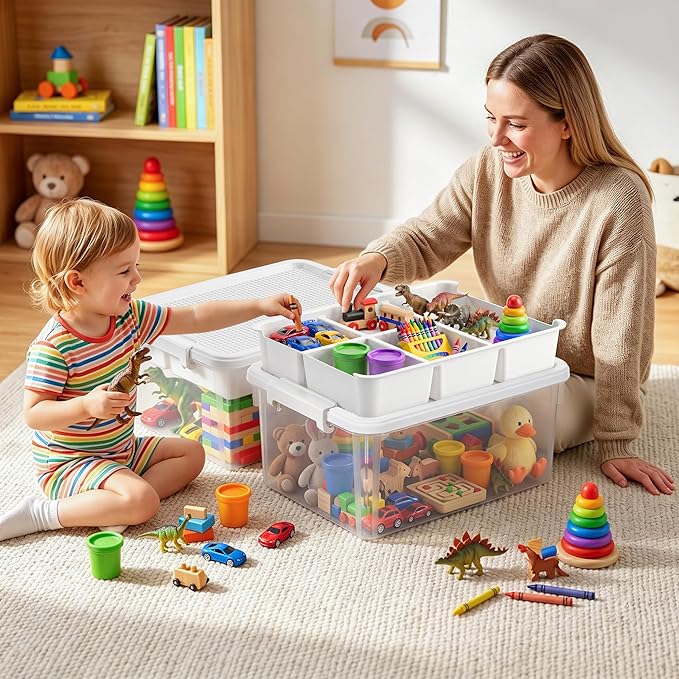 Citylife Toy Storage Box, 17 QT Building Brick Organizer with Buildable Baseplate Lid and Removable Trays, Kids Block Organizer for Playroom and Art Supplies, 2 Pack