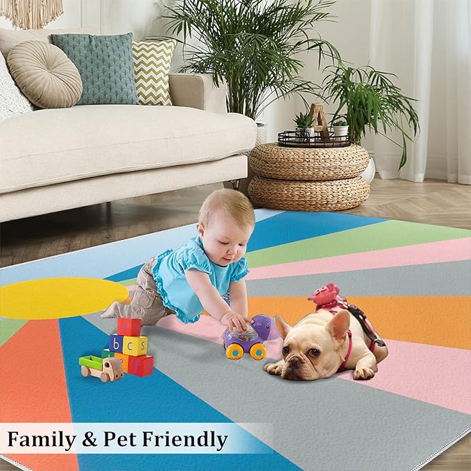 Boho Sun Area Rugs 6x9ft, Abstraction Deco Fluffie Rugs for Living Room, Minimalist Sunburst Nursery Rug with Under Rug Non Slip Tape for Bedroom Kids Room