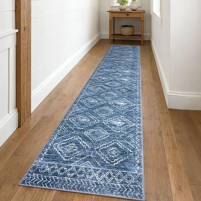 KILOCOCO Hallway Runner Rug 2x10 Runners for Hallways Washable Runner Rug Non Slip Rubber Backed Low-Pile Runners for Bedroom Kitchen Living Room Laundry Room Boho Rugs, Stonewashed Blue