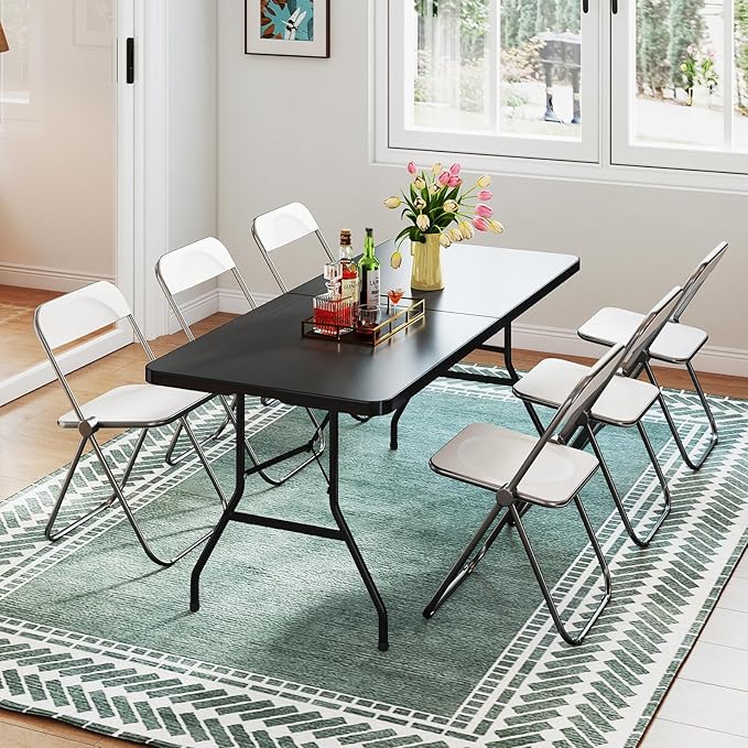 Goplus 6ft Folding Table, Indoor Outdoor Foldable Plastic Folding Tables, Heavy-Duty Rectangular Fold Up Table w/Handle, Portable Utility Card Table for Picnic, Party, Dining, Camping, Beach, Black