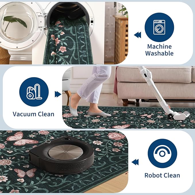 GarveeHome 2x3 Floral Area Rug Non Slip Entryway Mat Low Pile Stain Resistant Butterfly Kitchen Rugs Soft Small Throw Carpet for Dining Room Bedroom Washable Bow Rugs for Living Room Bathroom, 2x3