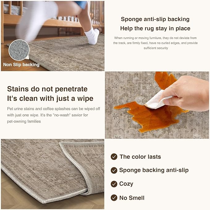 HUGEAR Washable Hallway 2x8 Runner Rugs Retro Brown Vintage Distressed Non Slip Stain Resistant Low Pile Neutral Throw Carpet for Bedside Kitchen Entryway Home Decor