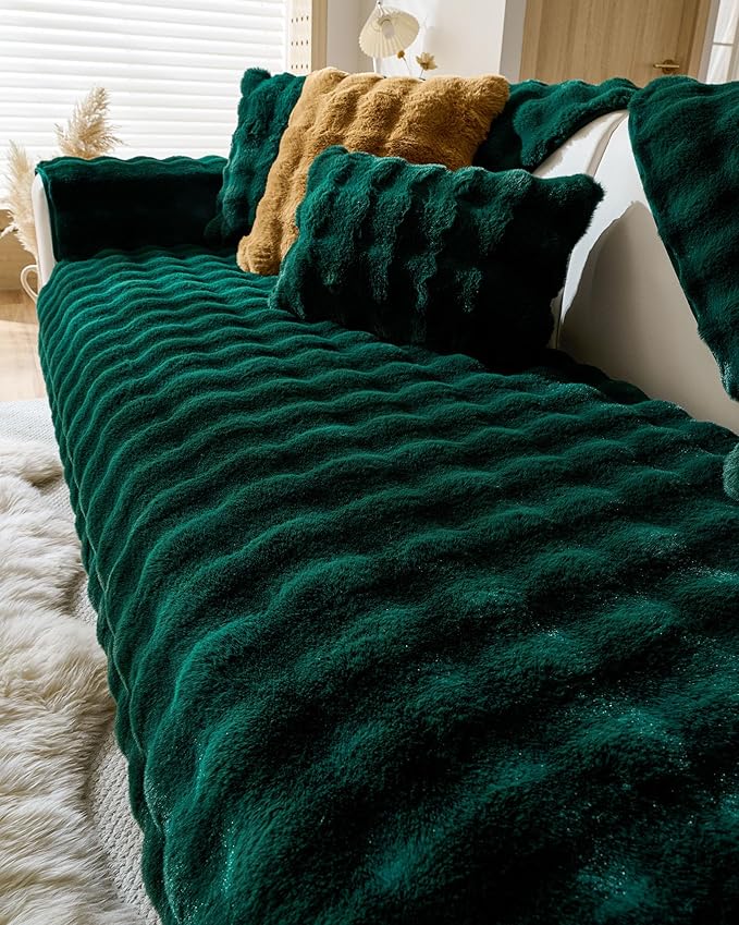 Christmas Faux Fur Couch Cover Fuzzy Soft Plush Thick Bubble Sofa Cover Luxury Sectional Couch Covers Luxury Anti-Slip Sofa Slipcover Washable Furniture Protector (Dark Green,28"x47")
