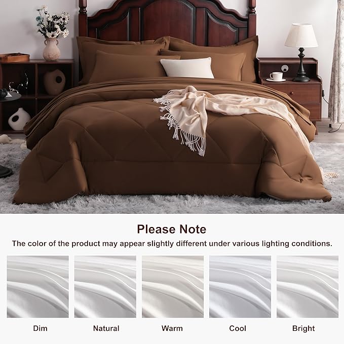 NTBAY King Comforter Set with Sheets, 7 Pieces Soft and Breathable King Bedding Set, Bed in a Bag, Down Alternative Comforter Set Solid Color All Season, King Bedding Set, Brown