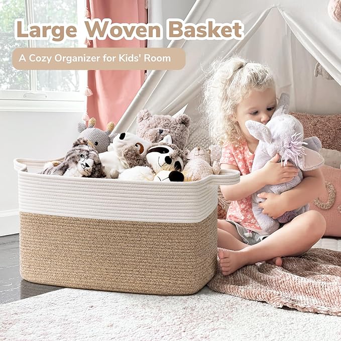 Goodpick Large Woven Blanket Basket, 21.6" x 14.9" x 11.8" Storage Baskets for Organizing, Rectangle Cotton Rope Toy Basket for Living Room, Bedroom, White & Brown