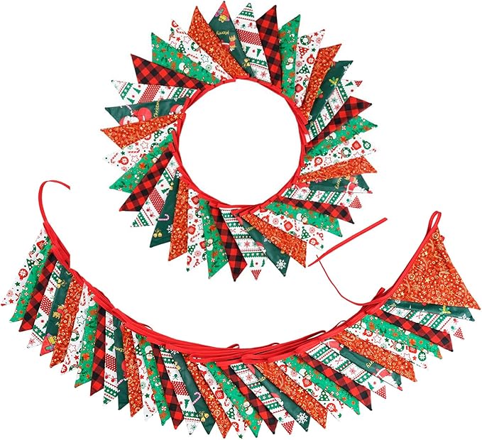 Zwiebeco 32Ft Red Green Christmas Pennant Banner Triangle Flags Fabric Bunting Garland Red-Black Plaid Checkered Cotton Flag for Xmas Birthday Wedding Christmas New Year Party Home Garden Decorations