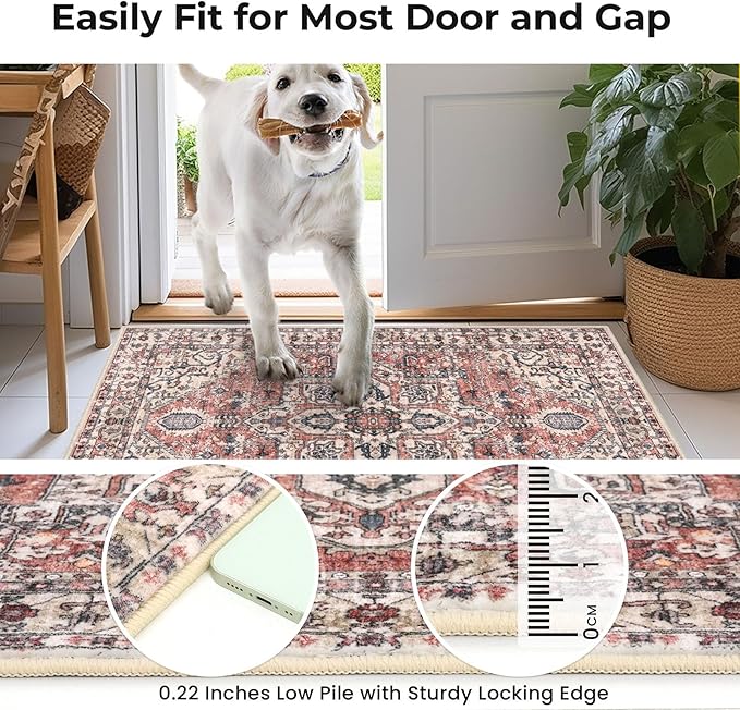 KOZYFLY Area Rug 4x6 Ft Washable Rugs for Entryway Non Slip Faux Wool Printed Throw Rug for Kitchen Bedroom Hallway Living Room Indoor Floor Decoration, Terracotta/Beige