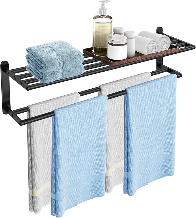 Double Towel Racks for Bathroom, Towel Shelf with Double Towel Bar 32 inch, Towel Rack with Shelf for Bathroom, Stainless Steel Towel Holder Wall Mounted, Towel Storage for Bathroom Lavatory Black