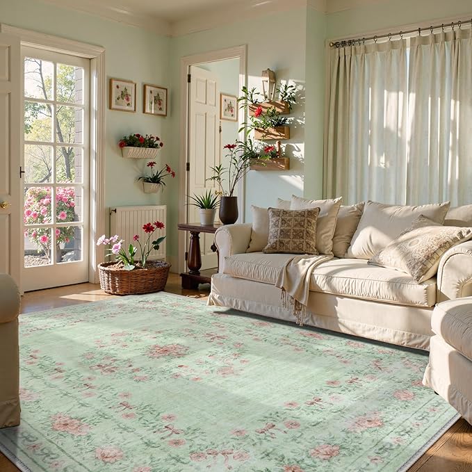 Wonnitar Green Area Rug for Living Room, Floral Bow 8x10 Washable Rug, Ultra-Thin Non Shedding Soft Boho Carpet for Bedroom Dining Room Playroom Dorm, Light Green