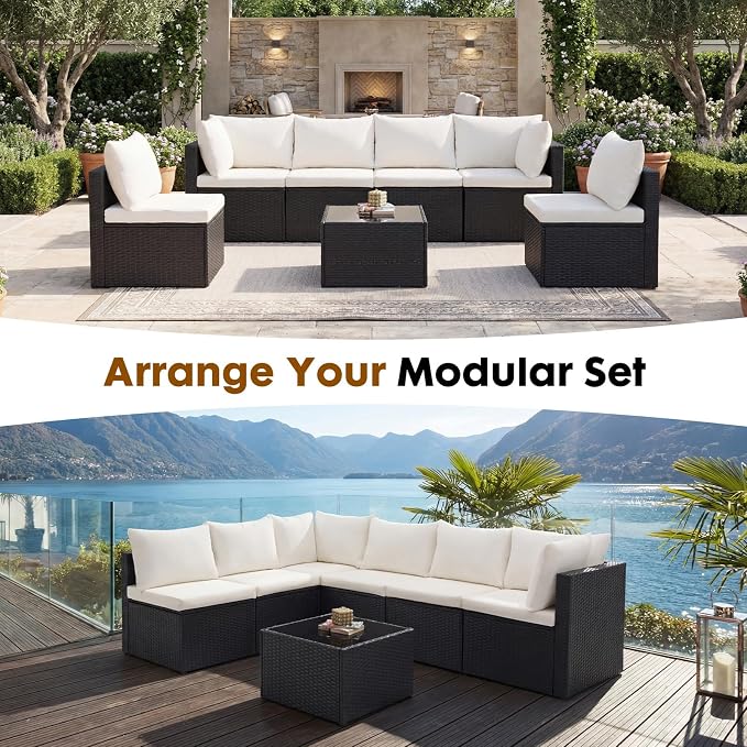 DUMOS 7 Piece Outdoor Patio Sectional Sofa, Modular Wicker Furniture Set