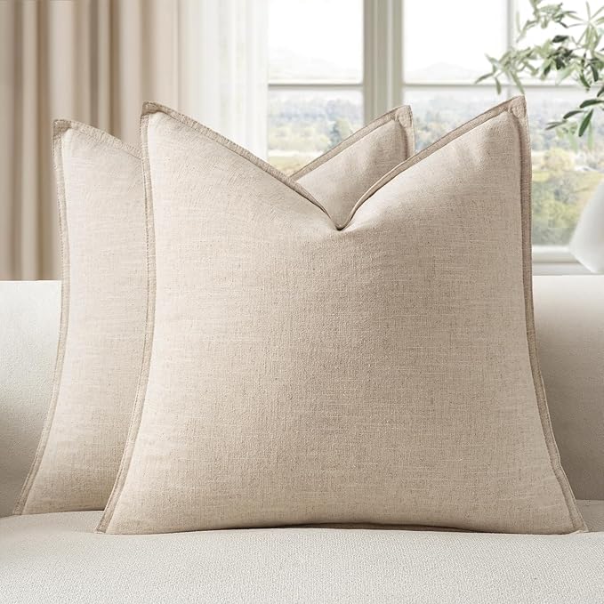 EMEMA Decorative Linen Throw Pillow Covers 24x24 Inch Natural Beige Boho Farmhouse Neutral Couch Throw Pillows for Bed Pack of 2 Accent Pillowcase Modern Sofa Cushion Livingroom Home
