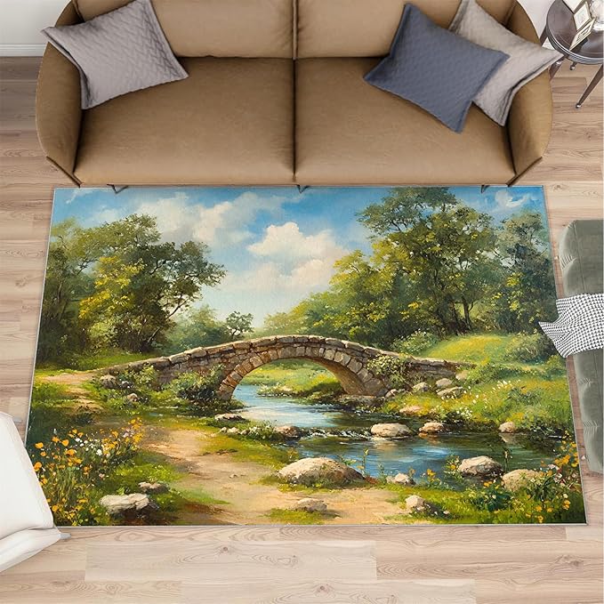 Forest Rugs for Bedroom - 4x6 Area Rug - Stone Bridge Stream Rugs for Living Room, Retro Country Style Rug, Non-Slip Washable Home Decor Carpet