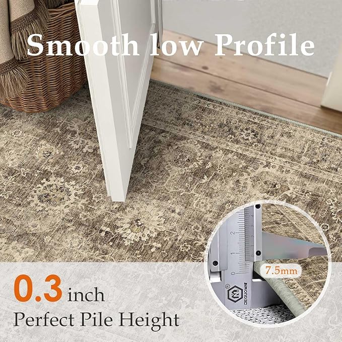 3x8 Washable Runner Rug for Kitchen Hallway Brown Vintage Non-Slip Low Pile Distressed Rustic Carpet Lightweight Vacuumable Soft Long Throw Rug for Indoor Entryway Bedroom
