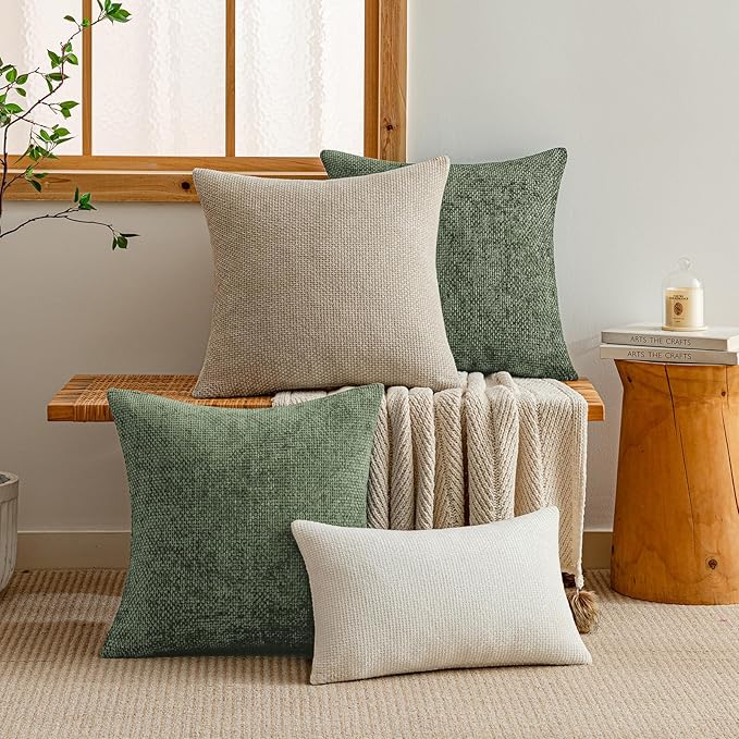 a moment Moss Green Chenille Throw Pillow Covers 22x22 Inch Pack of 2 Modern Decorative Throw Pillow Covers Farmhouse Cross Covers Home Decor for Sofa Bedroom Living Room