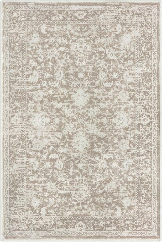 KILOCOCO Area Rug 3x5 Entryway Rug Washable Printed Vintage Floral Rubber Backed Non Slip Indoor Kitchen Rugs for Living Room Laundry Room Playroom Mudroom Moroccan Area Rugs, Beige