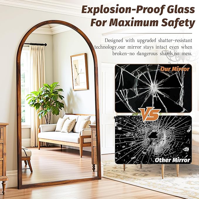 Full Length Mirror 76"×41" Floor Mirror Standing Tall Mirror, Arched Stand up Large Wall Mirrors, Freestanding Full Body Mirrors for Bedroom Living Room Wood Antique Style Walnut