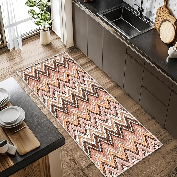 Brown Pink White Wave Runner Rug, 2x8ft Soft Tone Hallway Decor Carpet - Modern Home Corridor & Foyer Long Rug Non-Slip Mat, Washable Flannel Material, Bedroom Stylish Accent Rugs