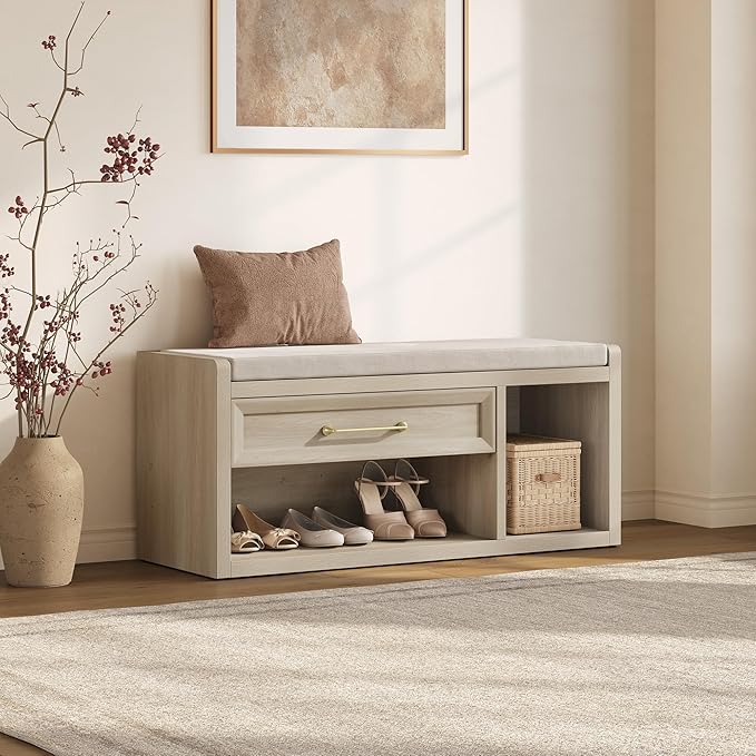SICOTAS Shoe Benches with Storage Set of 2, Farmhouse 86.6" Extra Wide Entryway Benches with Cushion, Drawer & Tall Boot Shelf, 18.9" Comfort Height Seat for Hallway Bedroom Mudroom, Grey White Oak