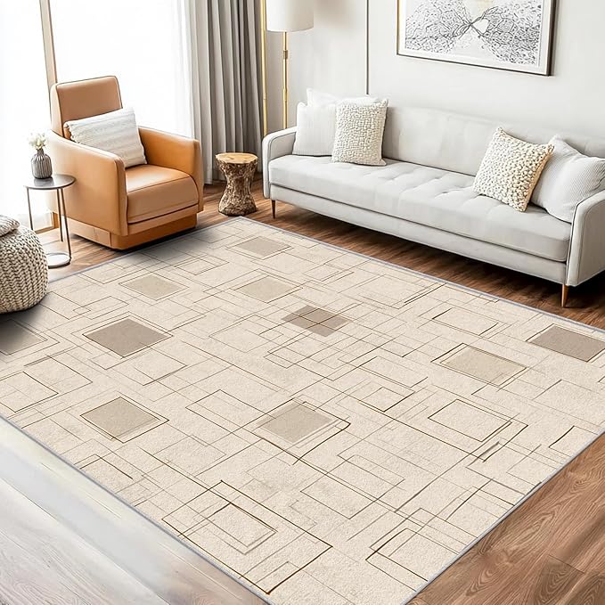 Geometric Rug, Washable 4x5 Rug for Living Room, Modern Abstract Patterned Indoor Carpet, Geometric Decor for Home, Bedroom, Soft Non Slip Thin Design FER55
