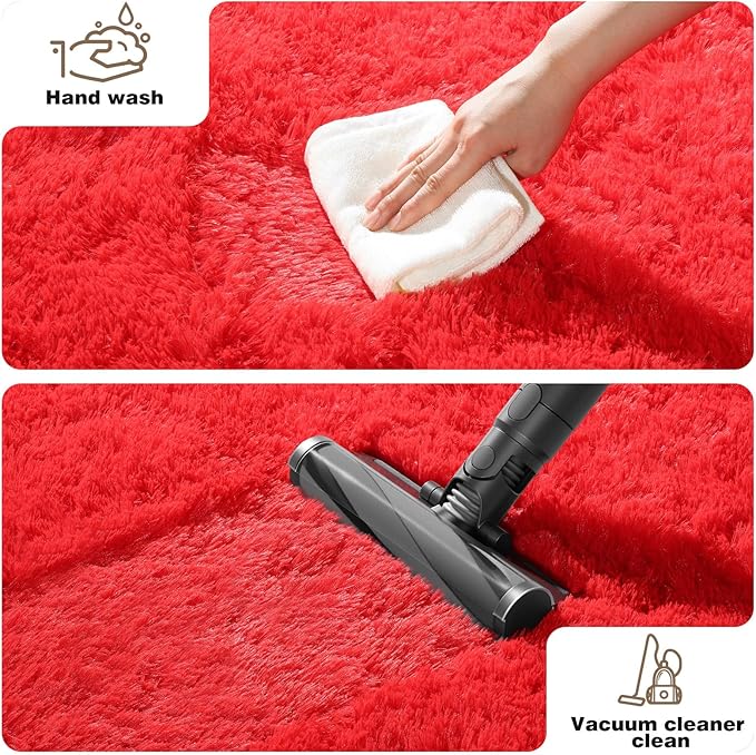 2x3 Red Rug for Bedroom Living Room, Fluffy Small Area Rug Soft Shag Carpet for Kids Boys and Girls Room with 4 Rugs Non-Slip Stickers Dorm Home Decor (2ft x 3ft)