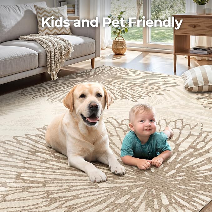 WITSHOCK 8x10 Area Rugs for Living Room: Beige Floral Washable Rugs for Bedroom Dining Room Office Nursery Modern Non-Slip Stain Resistant Low Pile Home Decor（Beige/Brown,8'x10'）