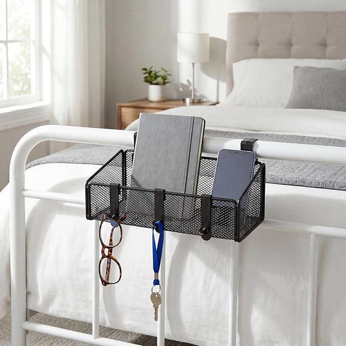 Bedside Shelf for Bed & Bunk Bed Storage Basket Office Cubical Wall Hanging Organizer - 5 Different Size Hooks - College Dorm Home Office Essentials for Phone,Book,Drink,Tissue (Black)
