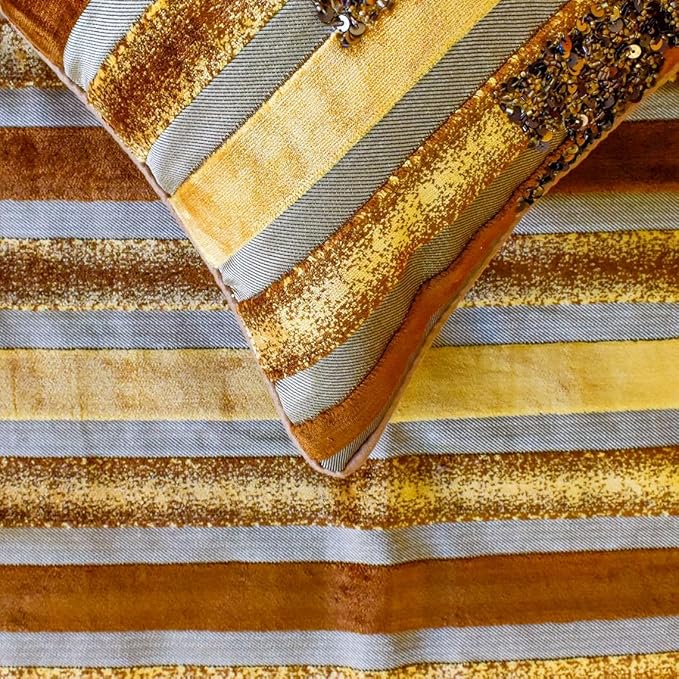 The HomeCentric King/Queen/Twin Gold & Brown Decorative CA King 86"x18" Bed Runner with One Pillow Cover, Striped, Beadwork & Handmade Bed Scarf on Velvet Fabric - Streamlined