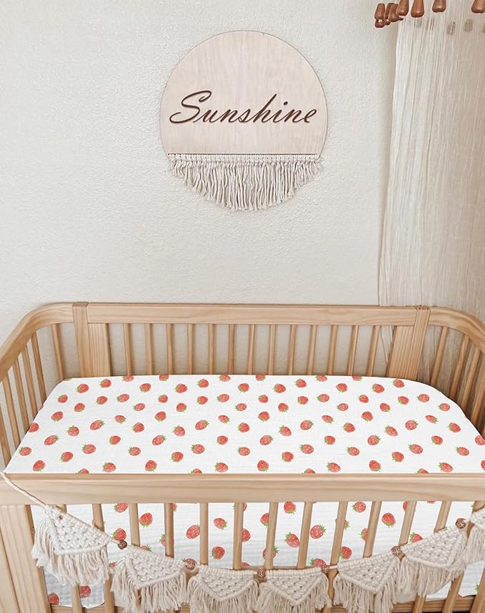 Muslin Bedside Bassinet Sheets 2 Pack, 33x20 Fitted Ultra Soft & Breathable Bedside Sleeper Sheets, Ideal for Baby Girl and Boy, Perfect for Newborns (Strawberry & Pale Pink)
